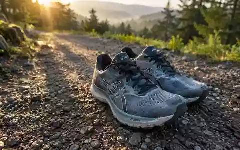 Laufschuhe auf einem Kiesweg in einer bewaldeten Umgebung bei Sonnenaufgang. - Foto: über boerse-global.de
