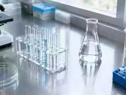 Ein steriler, moderner Labortisch aus Edelstahl mit Glasgeräten in natürlichem Licht. - Foto: über boerse-global.de