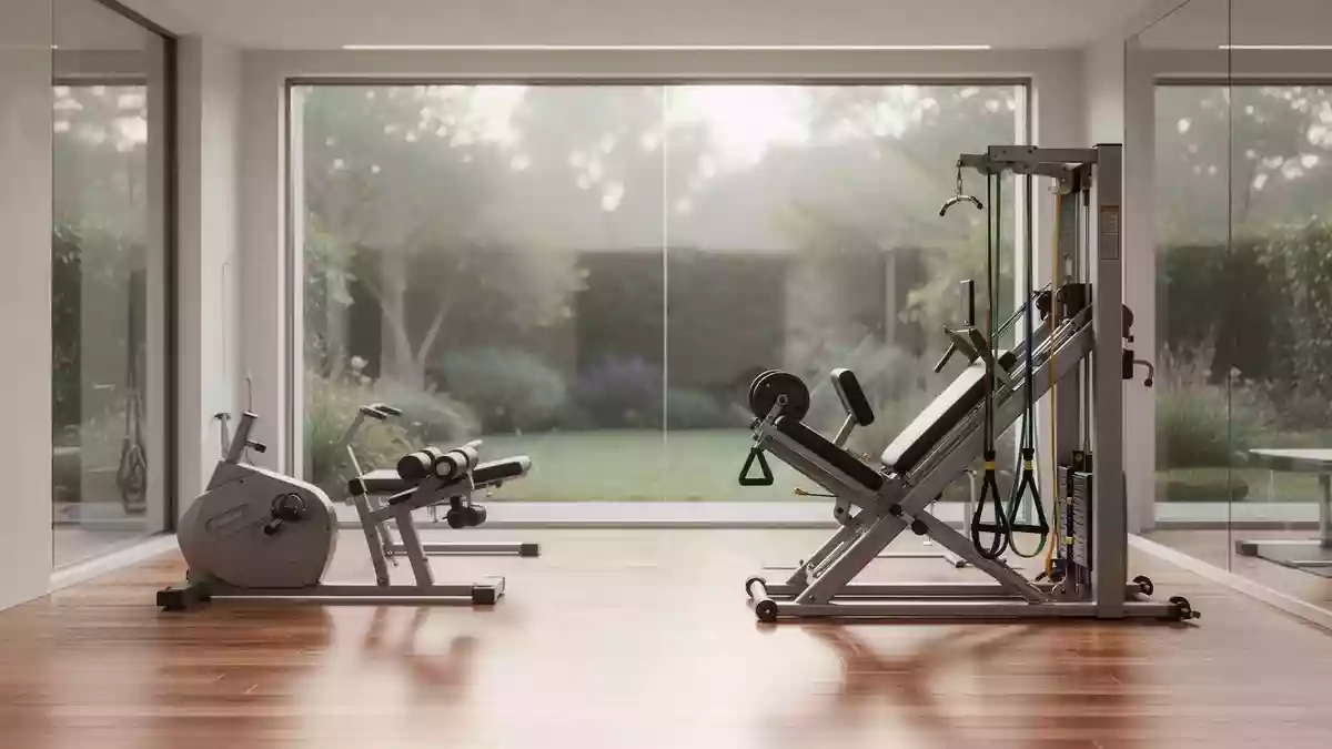 Ein heller, minimalistischer Physiotherapieraum mit Trainingsgeräten und großen Fenstern, die in den Garten blicken. Illustration mit AI erstellt.