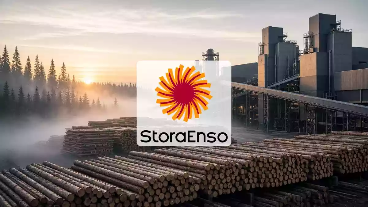 Moderne industrielle Holzverarbeitungsanlage in einer Waldlandschaft bei Sonnenaufgang, symbolisiert Stabilität und Wachstum. Illustration mit AI erstellt.