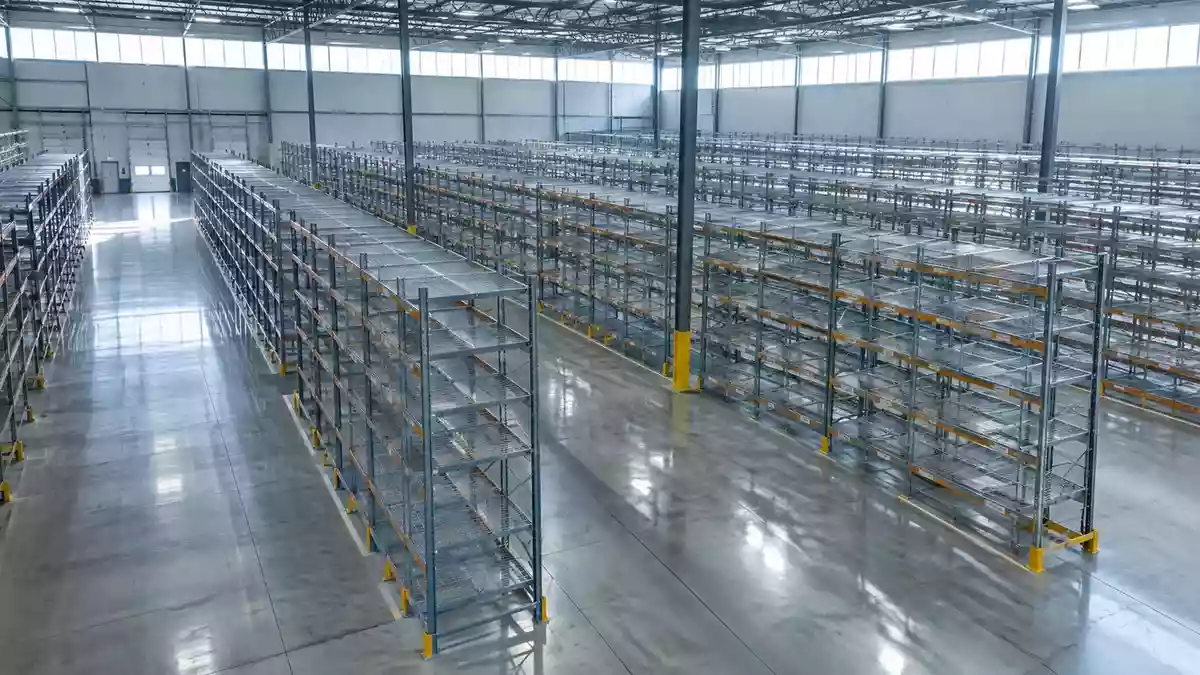 Ein weitläufiges, leeres Logistiklager mit hohen Metallregalen und einem polierten Betonboden in einer Industriehalle. Illustration mit AI erstellt.