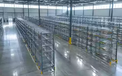 Ein weitläufiges, leeres Logistiklager mit hohen Metallregalen und einem polierten Betonboden in einer Industriehalle. - Foto: über boerse-global.de