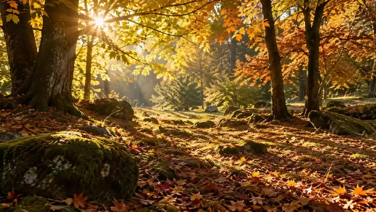 Sonnenlicht fällt durch die Blätter eines herbstlichen Waldes auf den Boden. Illustration mit AI erstellt.