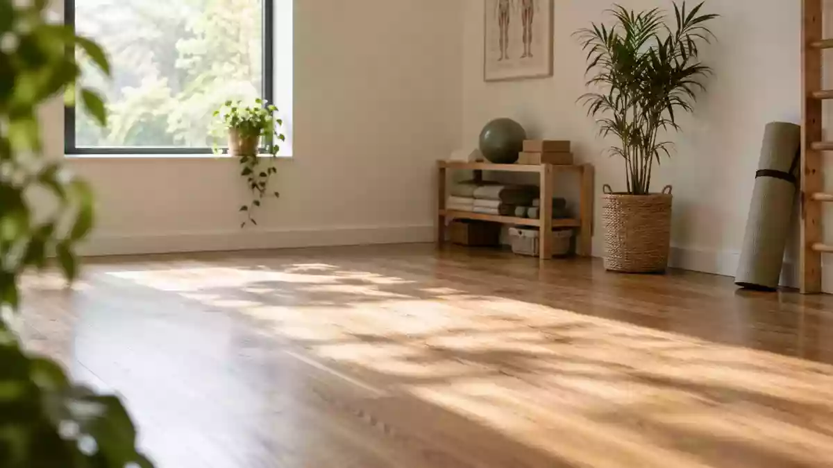 Ein minimalistischer Physiotherapieraum mit natürlichem Licht, einer zusammengerollten Yogamatte und einem Holzboden. Illustration mit AI erstellt.