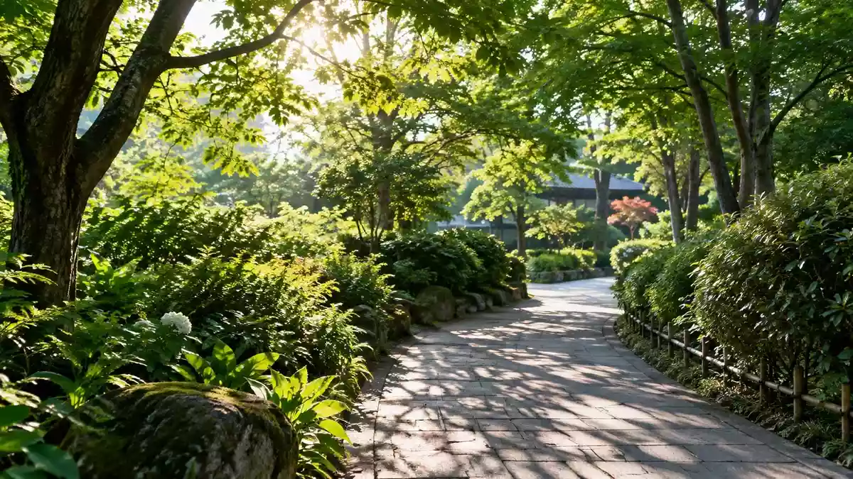 Ein sonnendurchfluteter Gartenweg mit einem Wechselspiel aus hellem Tageslicht und Schatten. Illustration mit AI erstellt.