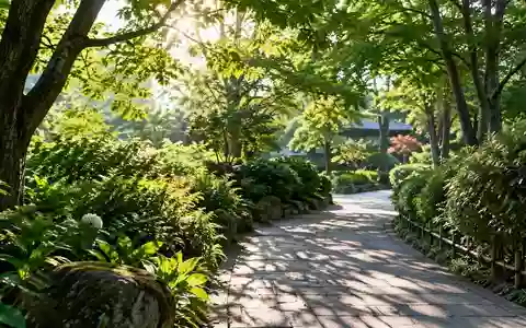 Ein sonnendurchfluteter Gartenweg mit einem Wechselspiel aus hellem Tageslicht und Schatten. - Foto: über boerse-global.de