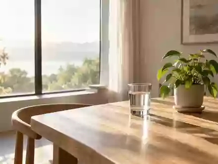 Ein sonnendurchfluteter, minimalistischer Raum mit einem Glas Wasser und einer Pflanze auf einem Holztisch. - Foto: über boerse-global.de