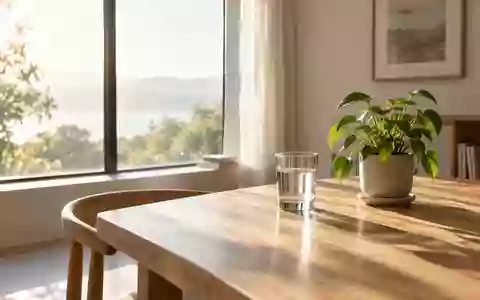Ein sonnendurchfluteter, minimalistischer Raum mit einem Glas Wasser und einer Pflanze auf einem Holztisch. - Foto: über boerse-global.de