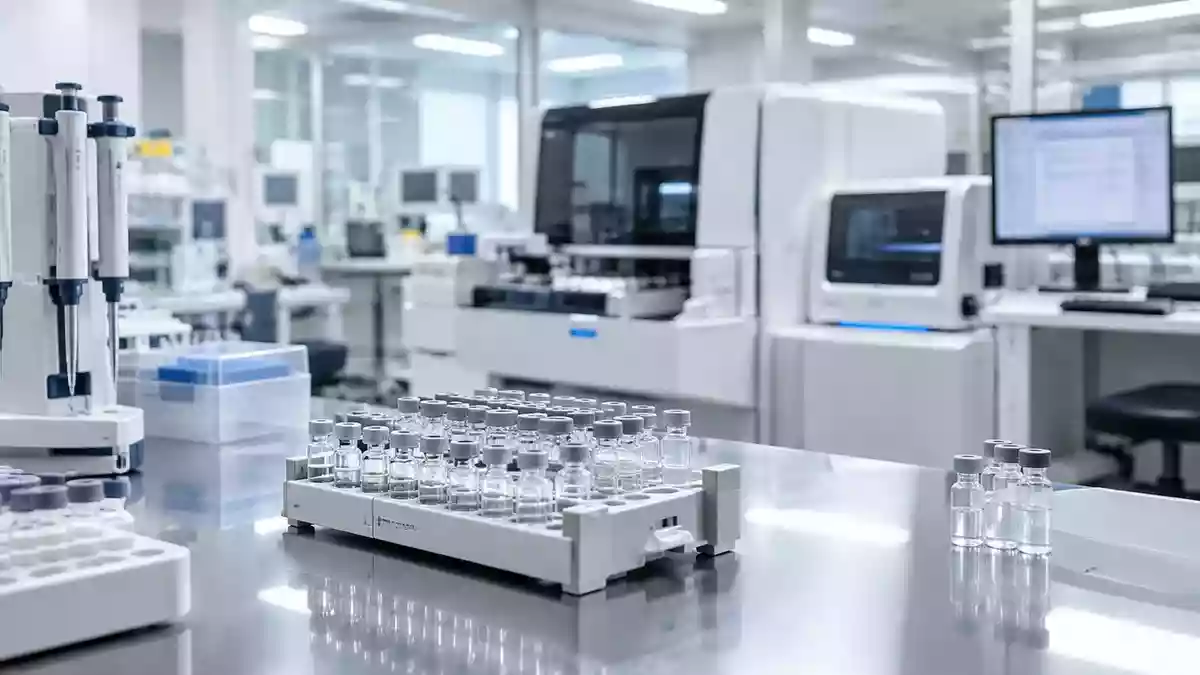 Ein steriler medizinischer Laborarbeitsplatz mit hochwertigen Diagnosegeräten und Glasphiolen. Illustration mit AI erstellt.