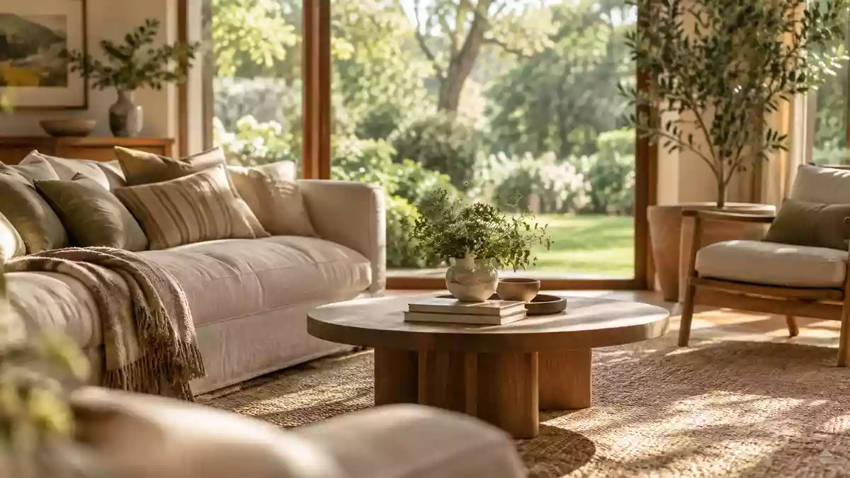 Ein helles, ruhiges Wohnzimmer mit Blick in einen grünen Garten, das eine Atmosphäre häuslicher Geborgenheit vermittelt. Illustration mit AI erstellt.