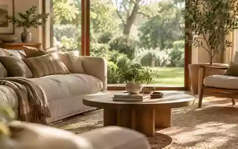 Ein helles, ruhiges Wohnzimmer mit Blick in einen grünen Garten, das eine Atmosphäre häuslicher Geborgenheit vermittelt. - Foto: über boerse-global.de