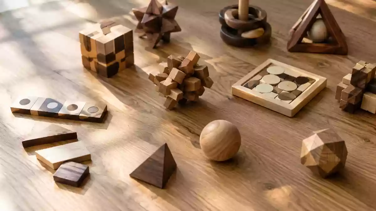 Holztisch mit geometrischen Puzzlespielen und logischen Formen in natürlichem Licht. Illustration mit AI erstellt.