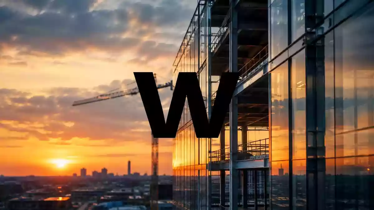 Abstrakte Darstellung einer modernen architektonischen Fassade bei Dämmerung als Symbol für den Bausektor. Illustration mit AI erstellt.