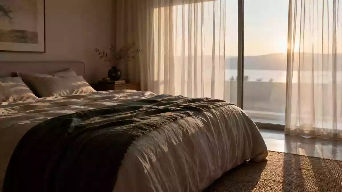 Ein minimalistisches, ruhiges Schlafzimmer bei Tagesanbruch, das eine Atmosphäre der Entspannung und Erholung vermittelt. Illustration mit AI erstellt.