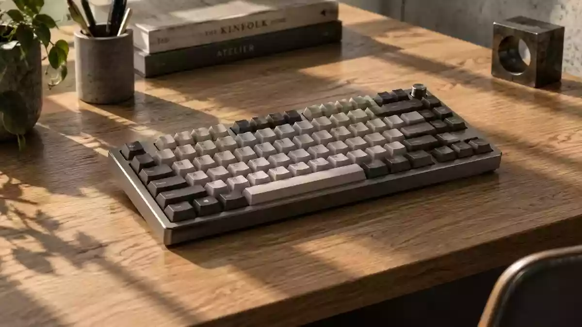 Eine minimalistische Schreibtischoberfläche aus Eichenholz mit einer mechanischen Tastatur im sanften Morgenlicht. Illustration mit AI erstellt.