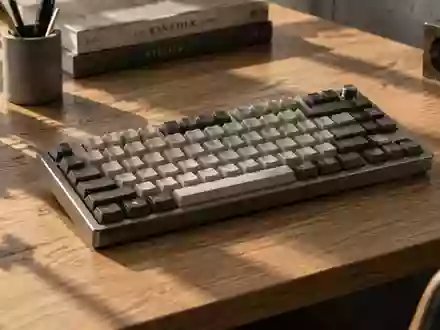Eine minimalistische Schreibtischoberfläche aus Eichenholz mit einer mechanischen Tastatur im sanften Morgenlicht. - Foto: über boerse-global.de