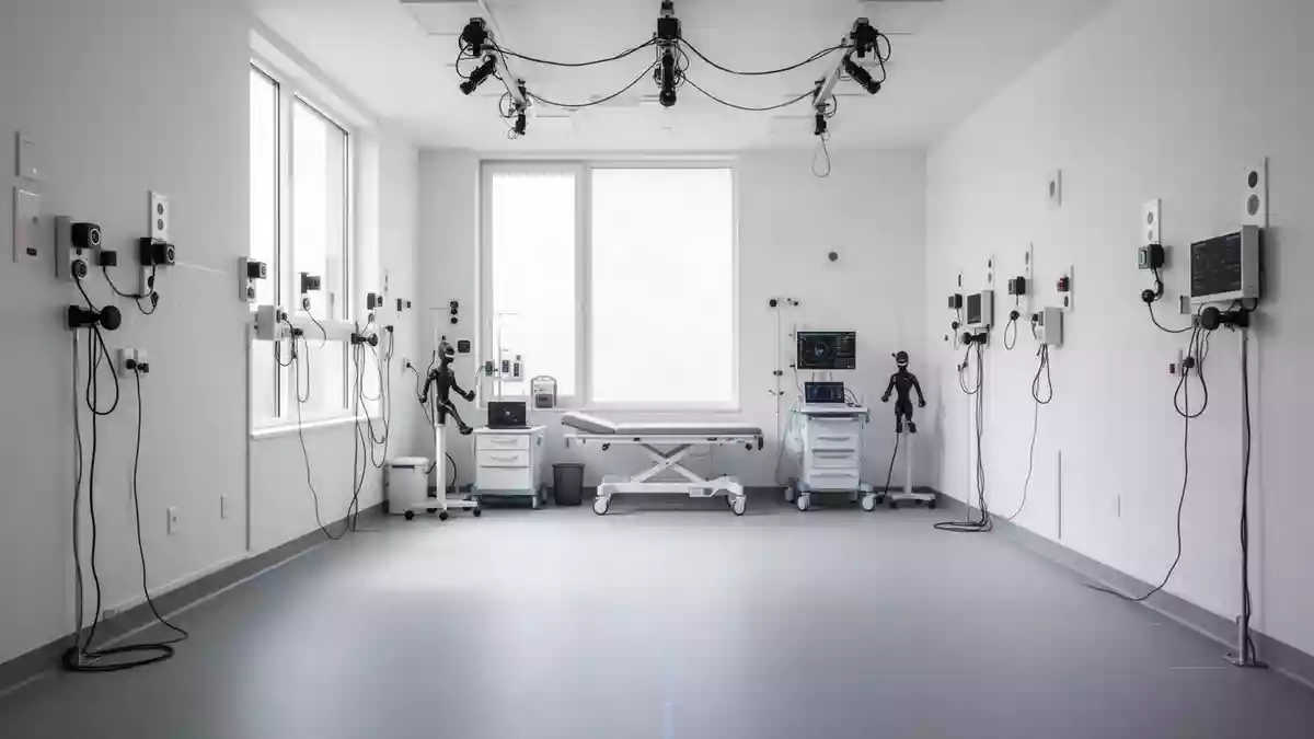 Ein moderner, minimalistischer klinischer Rehabilitationsraum mit medizinischer Sensortechnik und natürlichem Lichteinfall. Illustration mit AI erstellt.