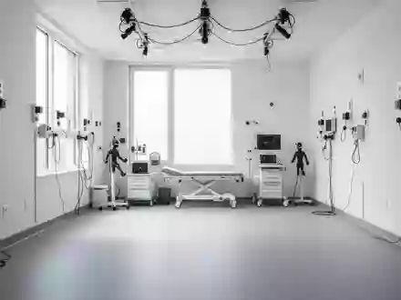 Ein moderner, minimalistischer klinischer Rehabilitationsraum mit medizinischer Sensortechnik und natürlichem Lichteinfall. - Foto: über boerse-global.de