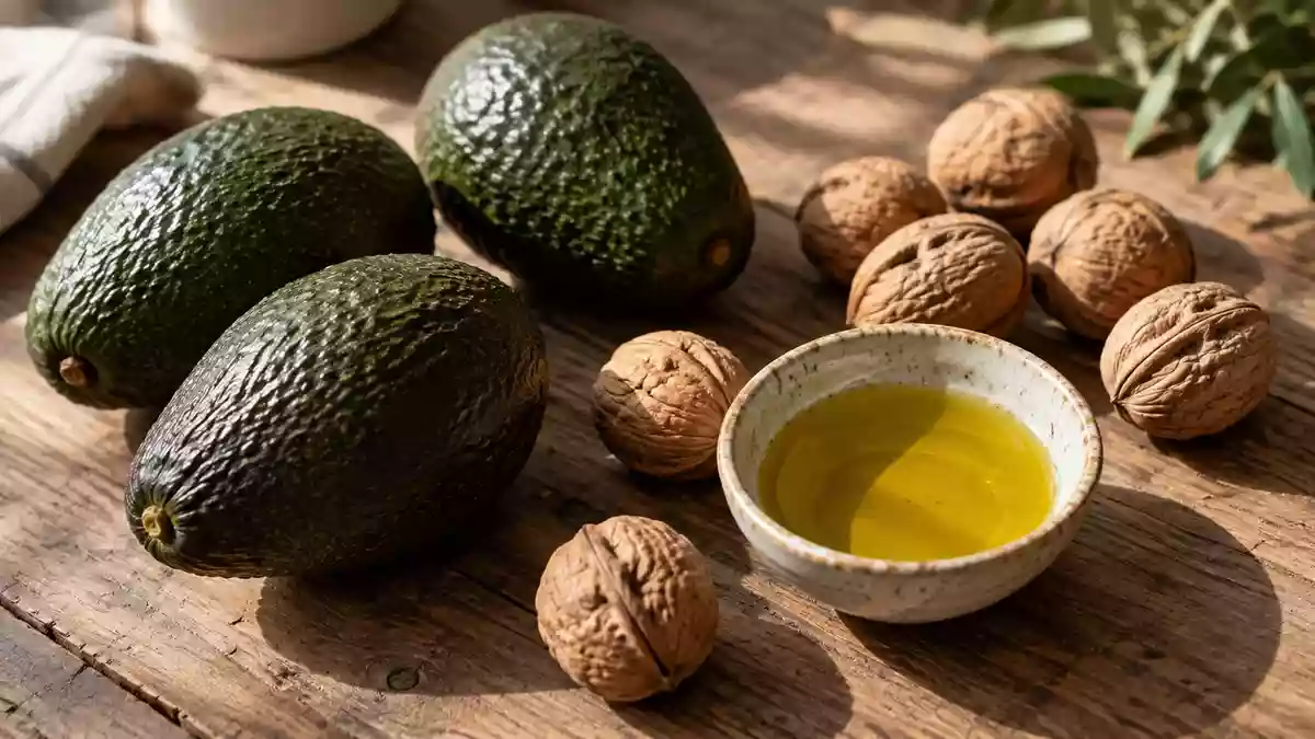 Frische Avocados, Walnüsse und eine Schale mit Olivenöl auf einem rustikalen Holztisch. Illustration mit AI erstellt.