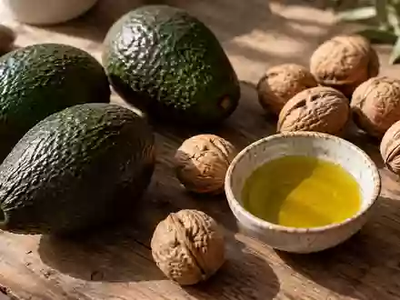 Frische Avocados, Walnüsse und eine Schale mit Olivenöl auf einem rustikalen Holztisch. - Foto: über boerse-global.de
