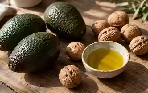 Frische Avocados, Walnüsse und eine Schale mit Olivenöl auf einem rustikalen Holztisch. - Foto: über boerse-global.de