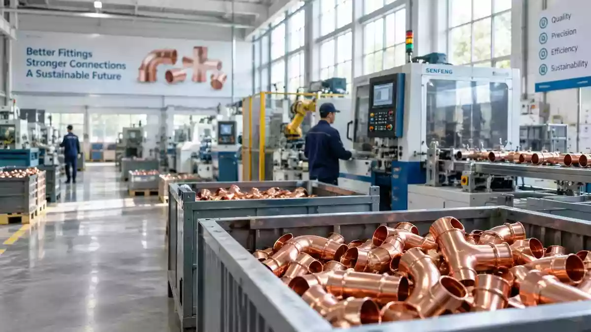 Moderne Fertigungshalle für Industriearmaturen und Rohrleitungssysteme in einer hellen, professionellen Arbeitsumgebung. Illustration mit AI erstellt.