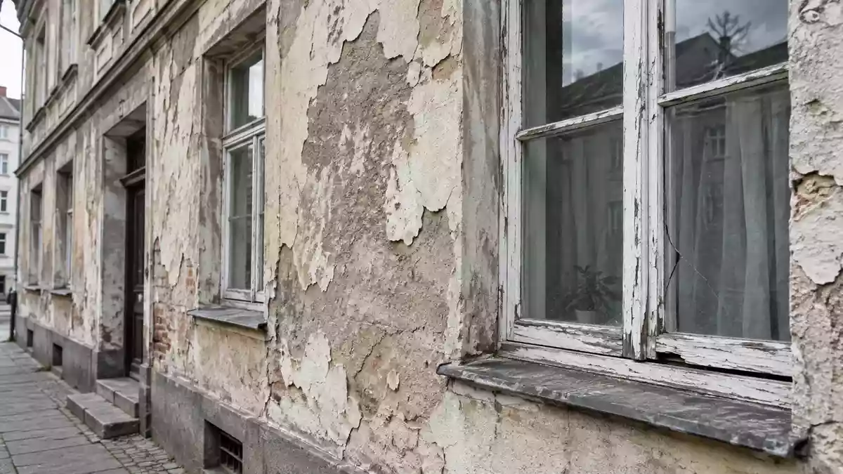 Fassade eines sanierungsbedürftigen Wohnhauses mit sichtbaren Schäden am Fensterrahmen und Putz. Illustration mit AI erstellt.