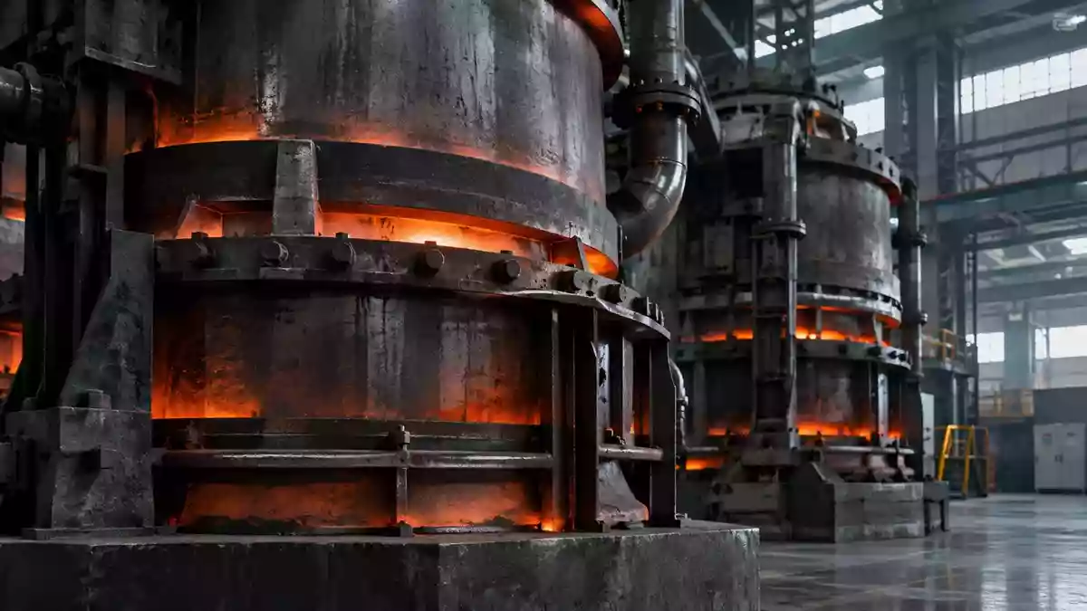 Industrielle Industrieofenanlage aus schwerem Stahl in einer Produktionshalle. Illustration mit AI erstellt.
