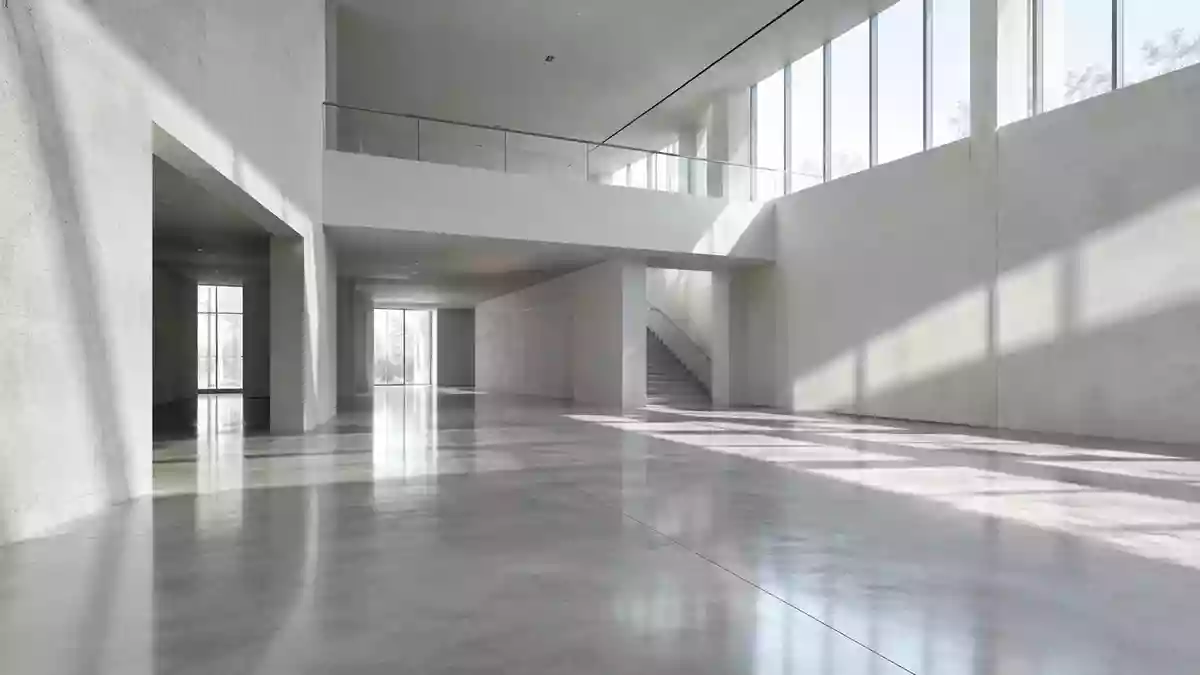 Heller, minimalistischer Innenraum eines modernen Forschungsgebäudes mit klaren geometrischen Linien und natürlichem Licht. Illustration mit AI erstellt.