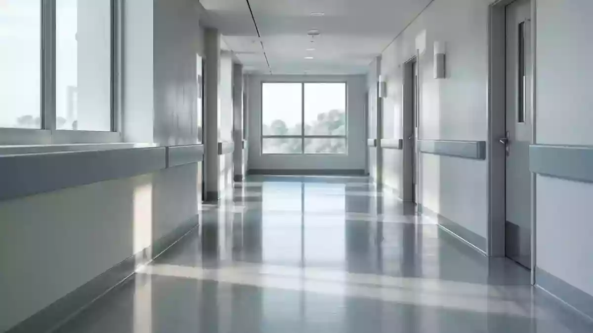 Ein heller, minimalistischer Krankenhausflur mit einfallendem Tageslicht. Illustration mit AI erstellt.