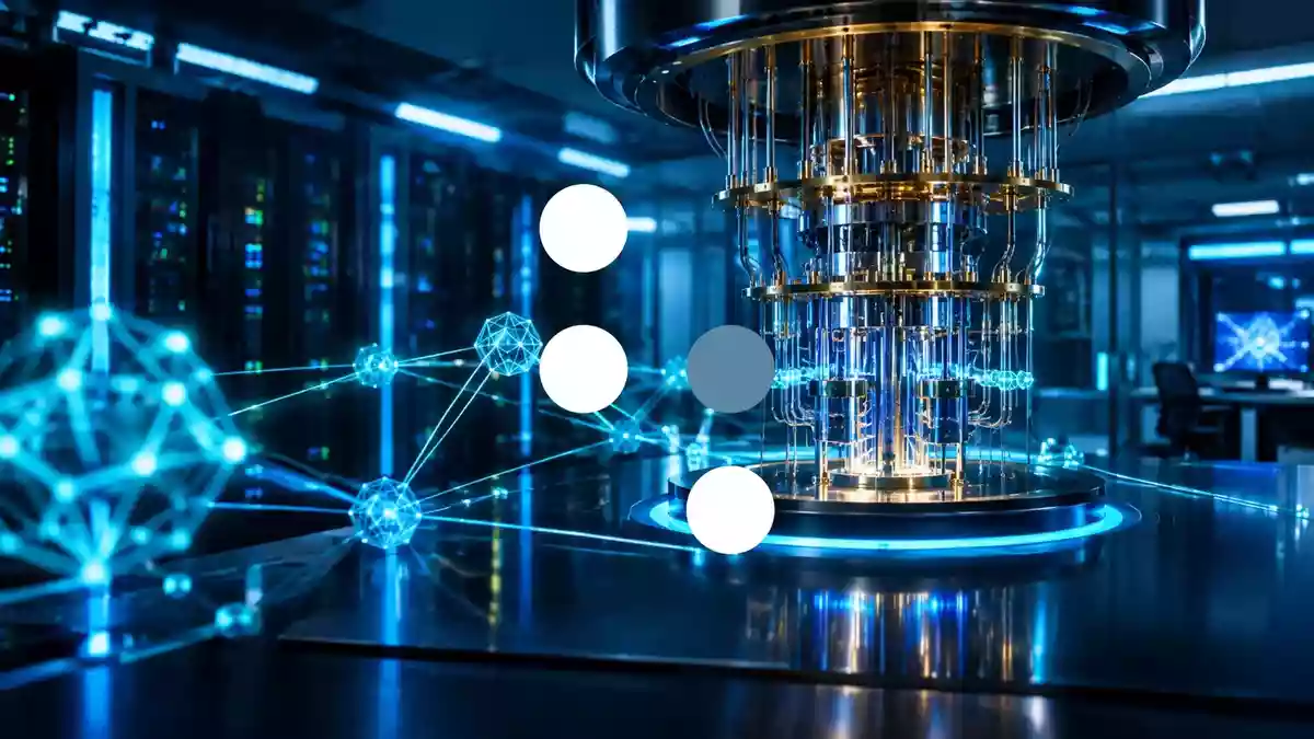 Abstrakte Darstellung eines Quantencomputers mit leuchtenden Schaltkreisen in einem hochmodernen Labor. Illustration mit AI erstellt.
