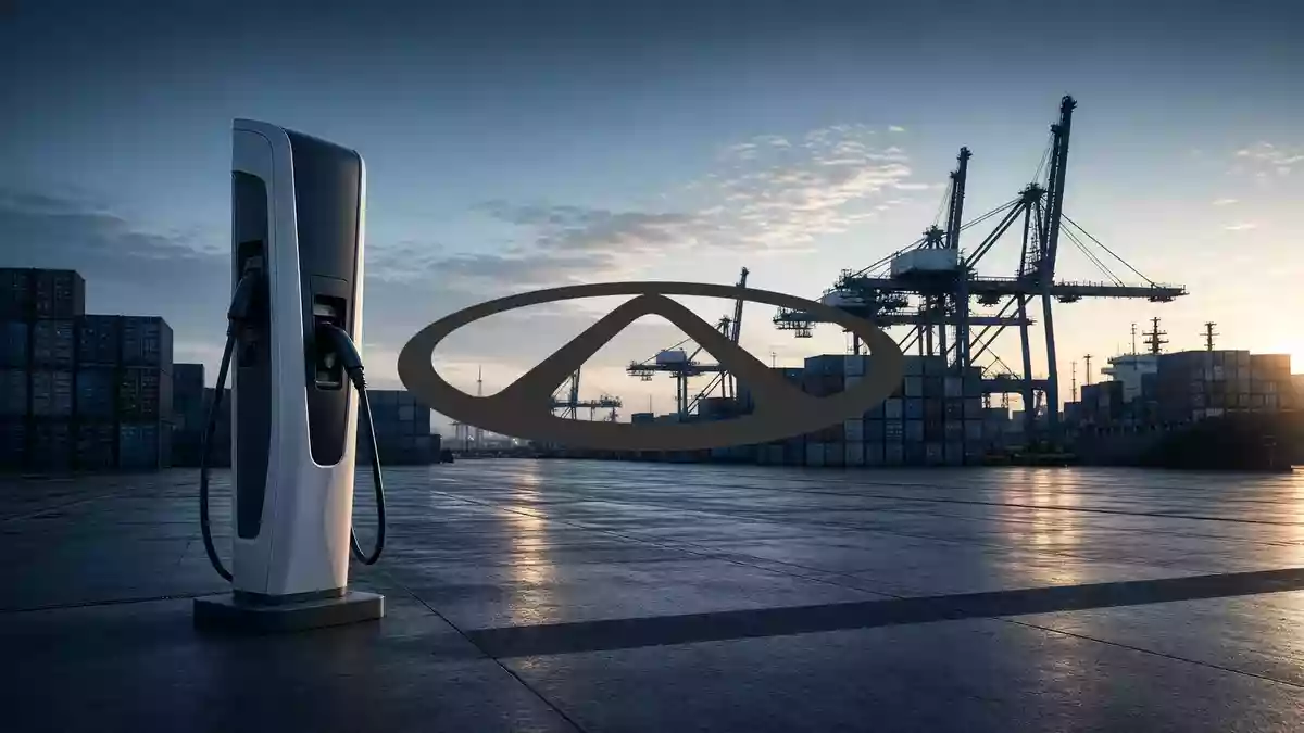 Moderne Ladestation für Elektrofahrzeuge in einer mediterranen Stadt bei Sonnenuntergang Illustration mit AI erstellt.