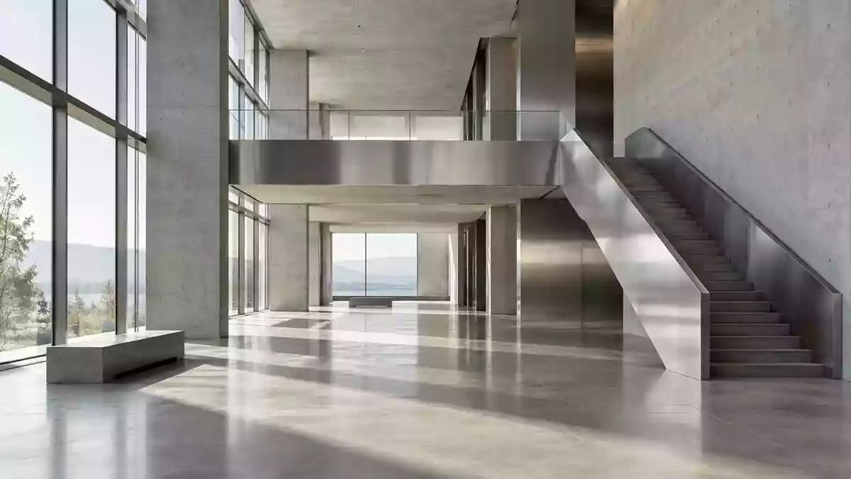 Minimalistische Architektur mit klaren geometrischen Linien und natürlichem Lichteinfall in einem modernen Innenraum. Illustration mit AI erstellt.