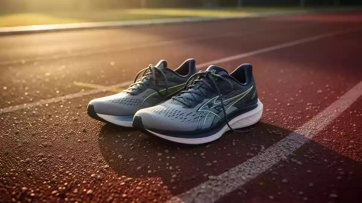 Ein Paar Sportschuhe auf einer Laufbahn im goldenen Licht der Abendsonne. Illustration mit AI erstellt.
