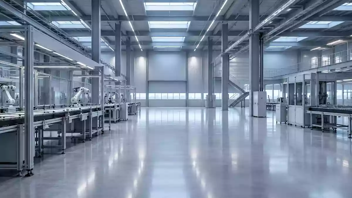 Eine saubere, hochmoderne industrielle Fertigungshalle mit minimalistischer Architektur und metallischen Strukturen. Illustration mit AI erstellt.