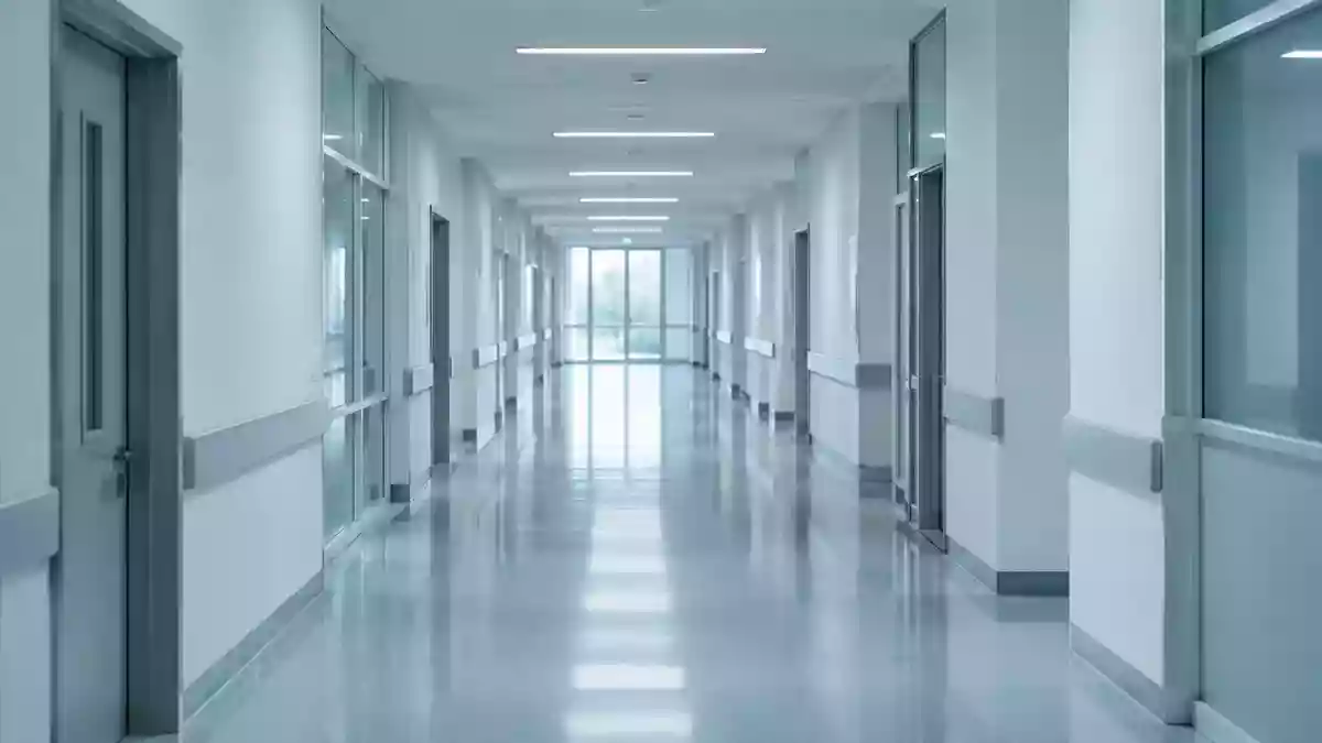 Ein minimalistischer, steriler Krankenhausflur in kühlem Licht mit Fokus auf die architektonische Tiefe. Illustration mit AI erstellt.