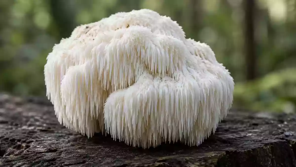 Ein frischer Igelstachelbart-Pilz mit seinen charakteristischen stachelartigen Auswüchsen auf einem dunklen Holzhintergrund. Illustration mit AI erstellt.