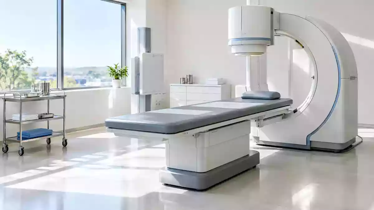 Ein steriler, modern ausgestatteter Behandlungsraum in einer orthopädischen Klinik mit einer Untersuchungsliege. Illustration mit AI erstellt.
