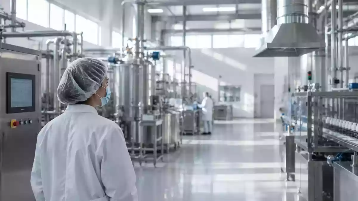 Innenansicht einer modernen, sterilen Produktionsanlage für medizinische Produkte mit Edelstahlleitungen. Illustration mit AI erstellt.