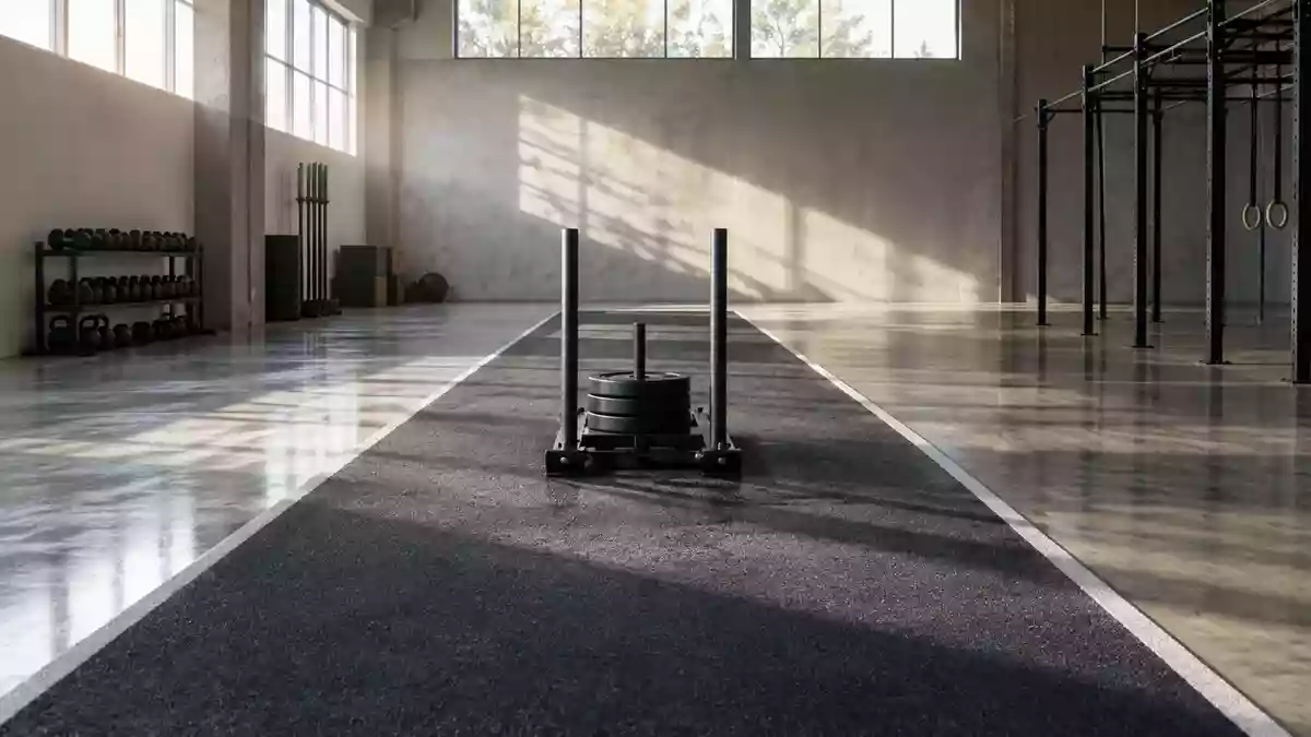 Ein leerer, minimalistischer Fitnessraum mit einem schweren Gewichtsschlitten auf einer Gummibahn bei natürlichem Licht. Illustration mit AI erstellt.