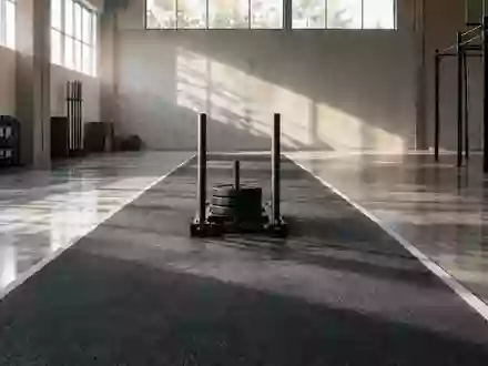 Ein leerer, minimalistischer Fitnessraum mit einem schweren Gewichtsschlitten auf einer Gummibahn bei natürlichem Licht. - Foto: über boerse-global.de