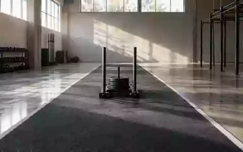 Ein leerer, minimalistischer Fitnessraum mit einem schweren Gewichtsschlitten auf einer Gummibahn bei natürlichem Licht. - Foto: über boerse-global.de