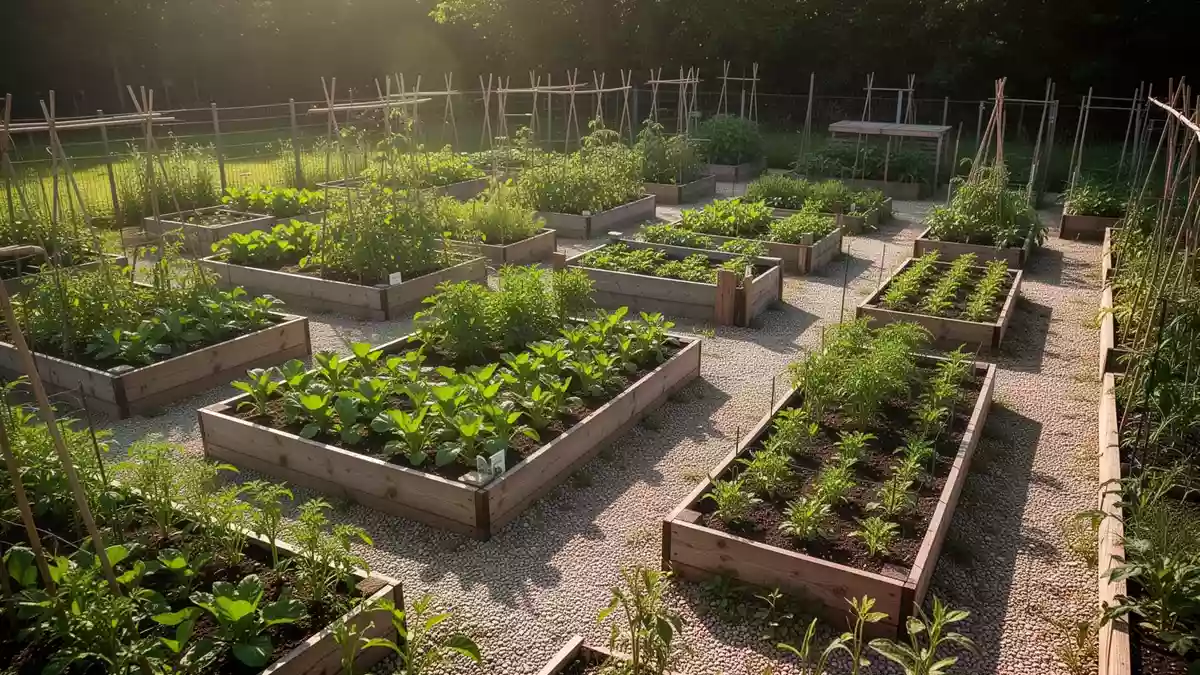 Ein sonniger Gemeinschaftsgarten mit Hochbeeten und gepflegten Pflanzen in einer ruhigen Außenanlage. Illustration mit AI erstellt.