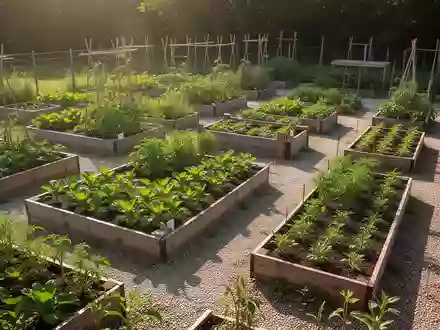 Ein sonniger Gemeinschaftsgarten mit Hochbeeten und gepflegten Pflanzen in einer ruhigen Außenanlage. - Foto: über boerse-global.de