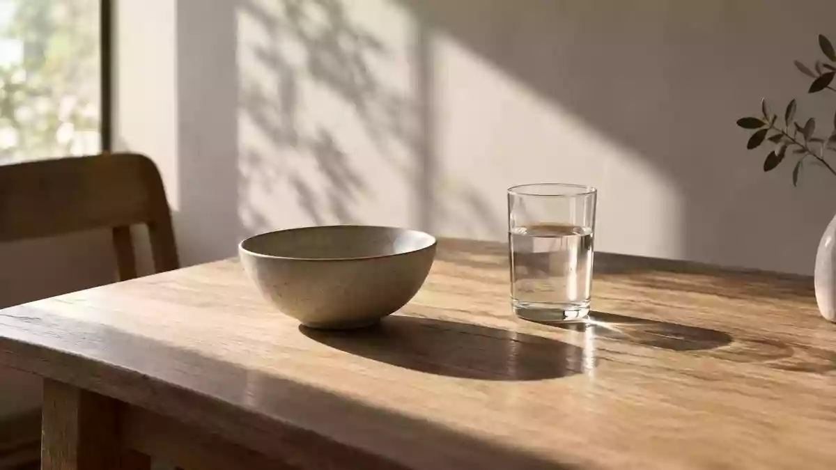 Eine leere Keramikschale und ein Glas Wasser auf einem Holztisch in weichem, natürlichem Licht. Illustration mit AI erstellt.