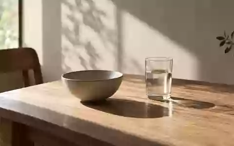 Eine leere Keramikschale und ein Glas Wasser auf einem Holztisch in weichem, natürlichem Licht. - Foto: über boerse-global.de