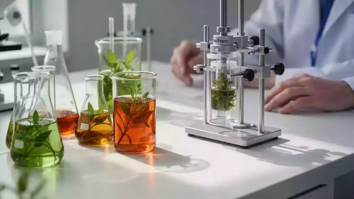 Laborapparatur mit Glasgefäßen und Pflanzenextrakten für wissenschaftliche Analysen zur Hautpermeation. Illustration mit AI erstellt.