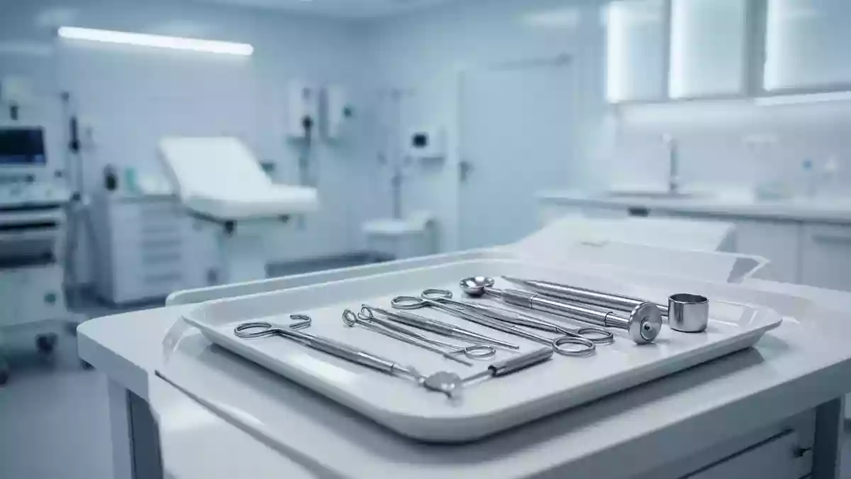 Moderne, sterile medizinische Instrumente in einem hellen Untersuchungsraum. Illustration mit AI erstellt.
