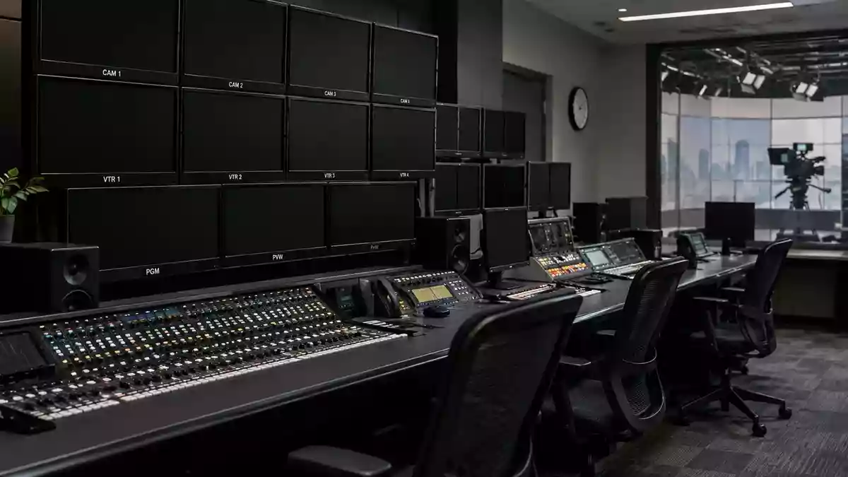 Dunkle, inaktive Monitore und professionelle Audiotechnik in einem modernen Fernseh-Regieraum. Illustration mit AI erstellt.