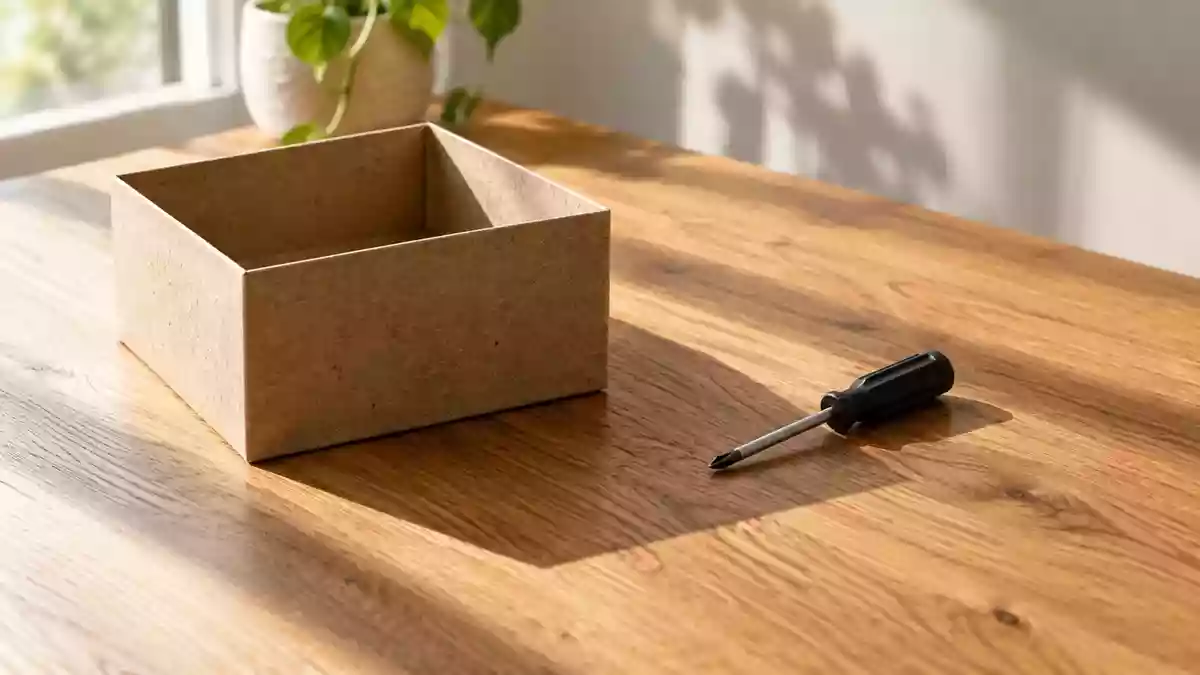 Ein aufgeräumter Arbeitsplatz mit einer leeren Aufbewahrungsbox aus Papier und einem kleinen Schraubendreher auf einem Holztisch. Illustration mit AI erstellt.